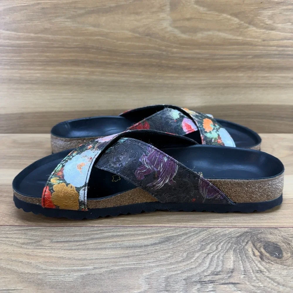 Birkenstock Papillio Daytona Floral Sandals 7 N EU 38 Black Cross Strap Slides - Picture 6 of 10